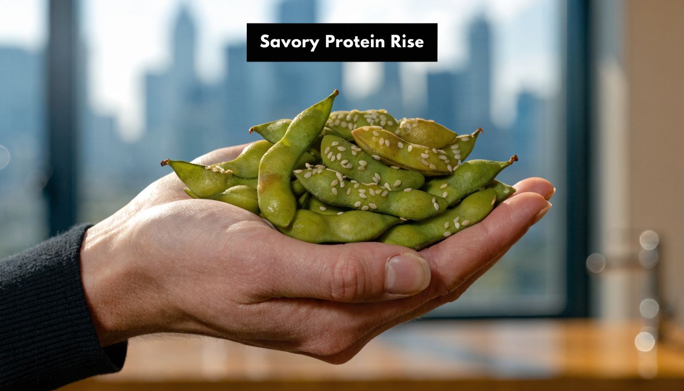 A close up view of a hand holding a handful of green edamame pods sprinkled with sesame seeds.