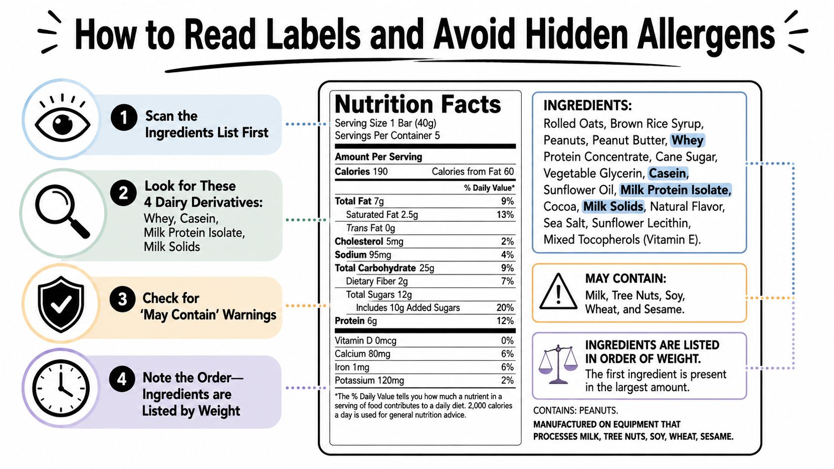 An infographic showing a nutrition label with highlighted dairy allergens and tips for safe food labeling.