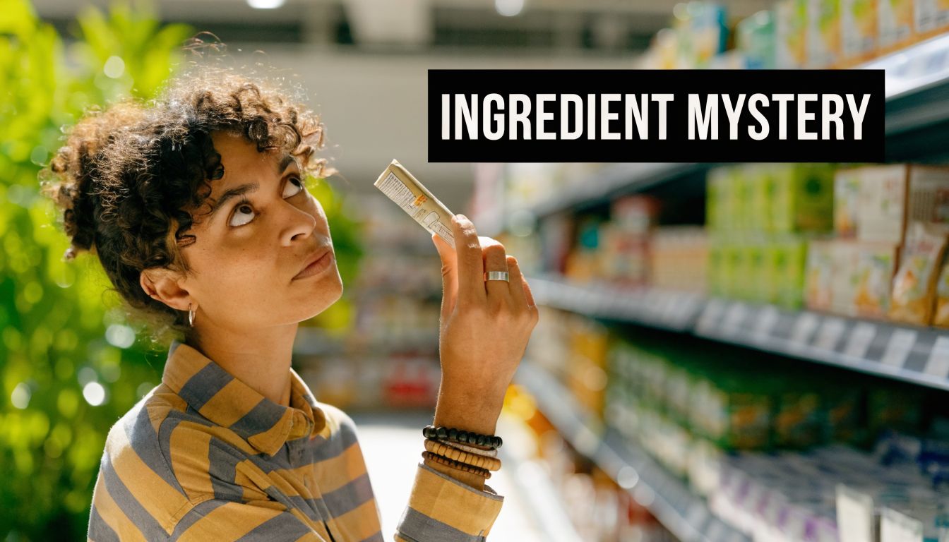 A young woman thoughtfully examining the ingredient label on a snack bar in a grocery store aisle.