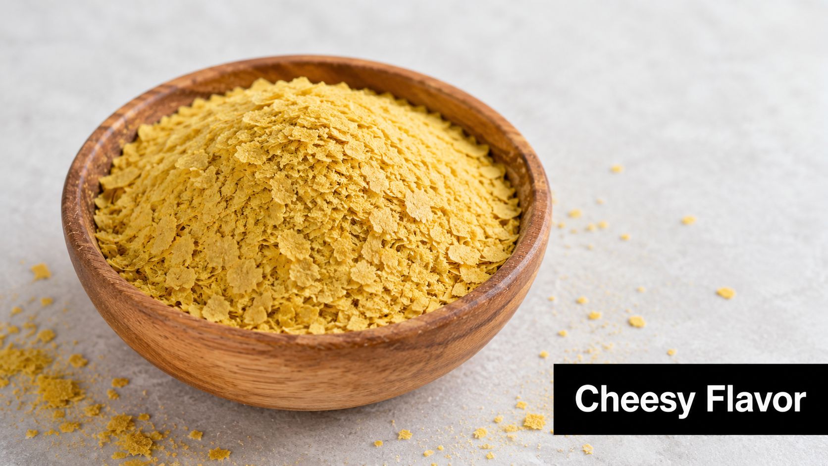 A wooden bowl filled with yellow nutritional yeast flakes, frequently used to provide a cheesy flavor.