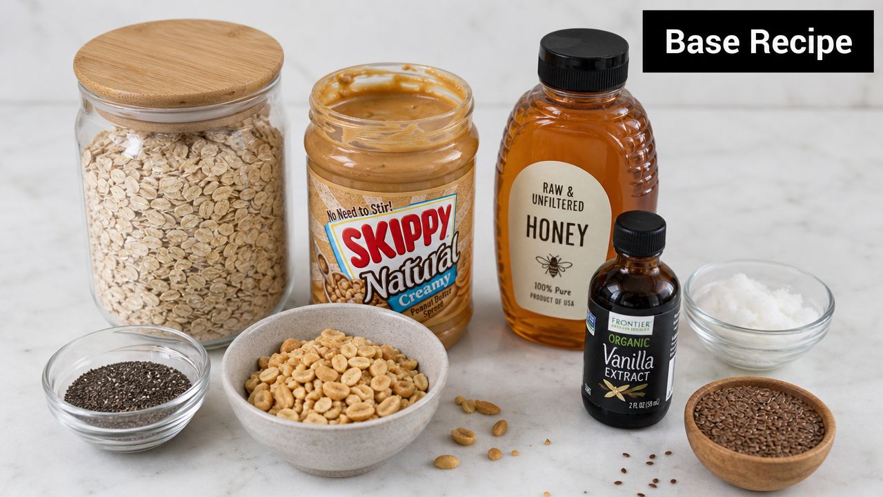 An assortment of ingredients like oats, peanut butter, honey, chia seeds, and vanilla extract for making granola bars.