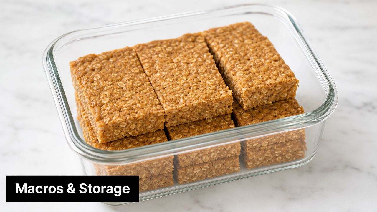 A glass container filled with several rectangular homemade peanut butter and honey oat bars on a surface.