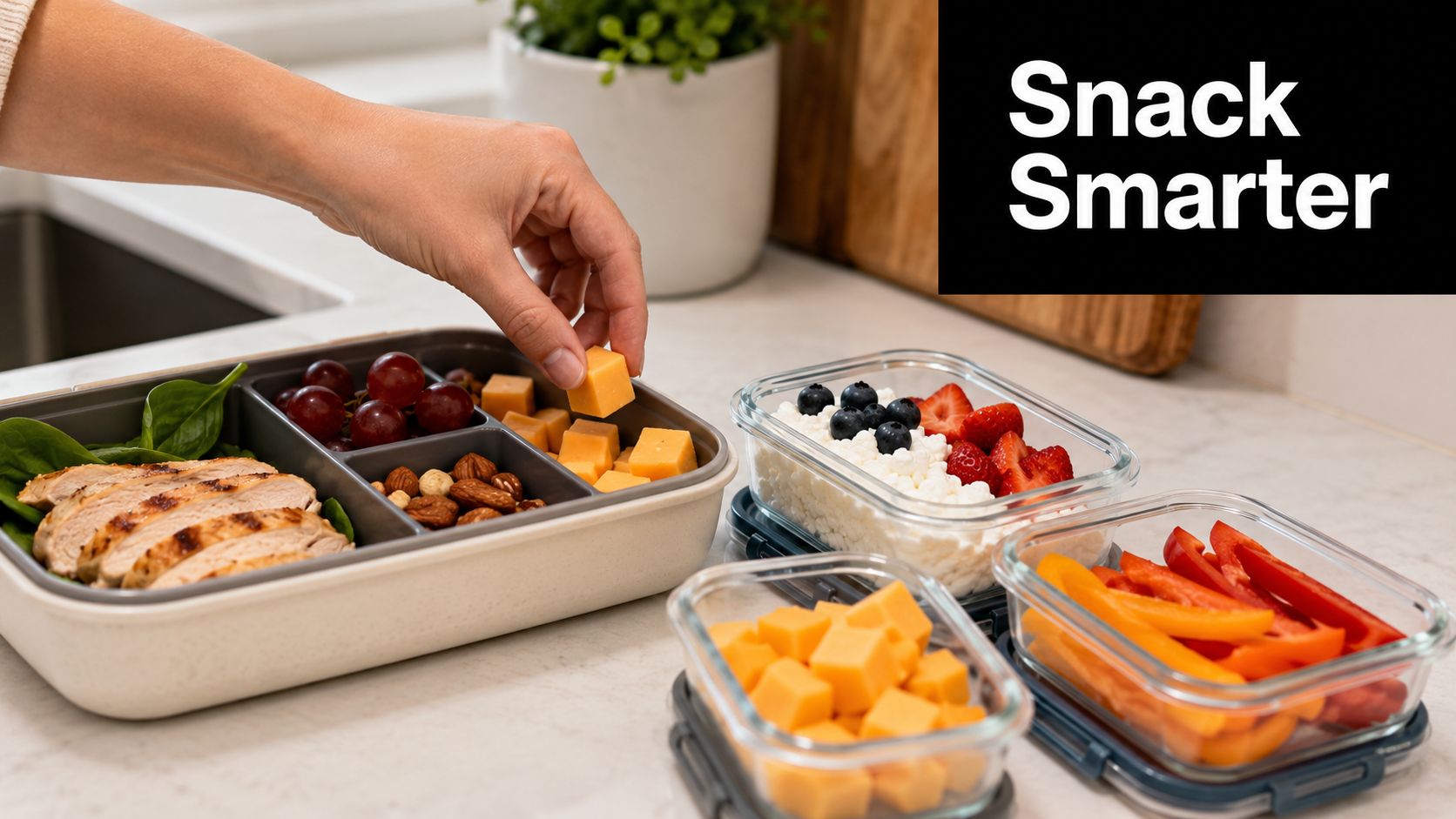 A hand placing a cheese cube into a partitioned meal prep container filled with healthy food options.