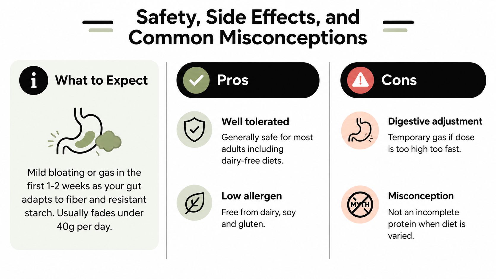 An infographic detailing safety, side effects, and common misconceptions regarding dietary fiber and protein intake.