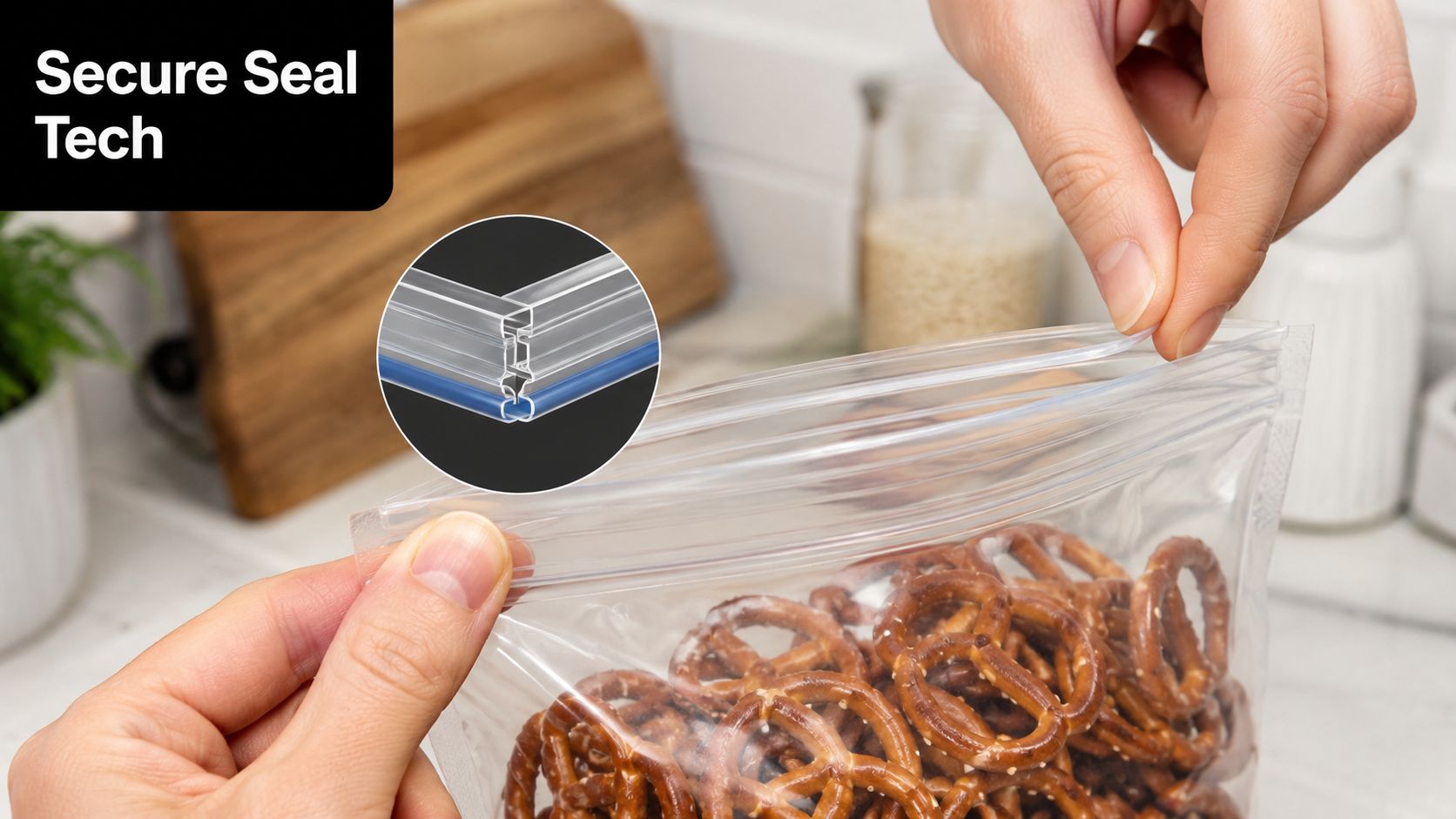 A person sealing a plastic bag filled with pretzels using a secure airtight locking mechanism in a kitchen.