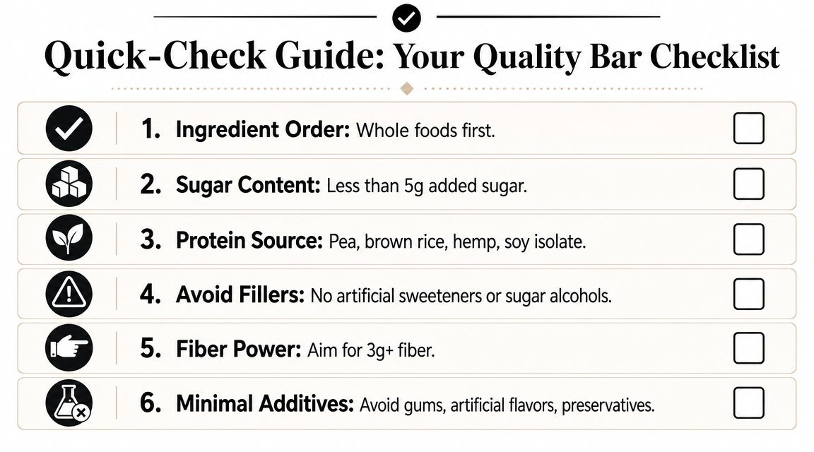 A quality bar checklist featuring six guidelines for choosing healthy and nutritious plant-based protein bars.