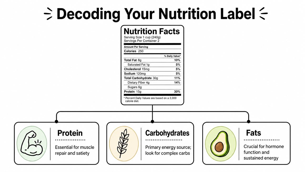 A nutrition facts label infographic showing calorie, fat, carbohydrate, and protein content with descriptive health icons.