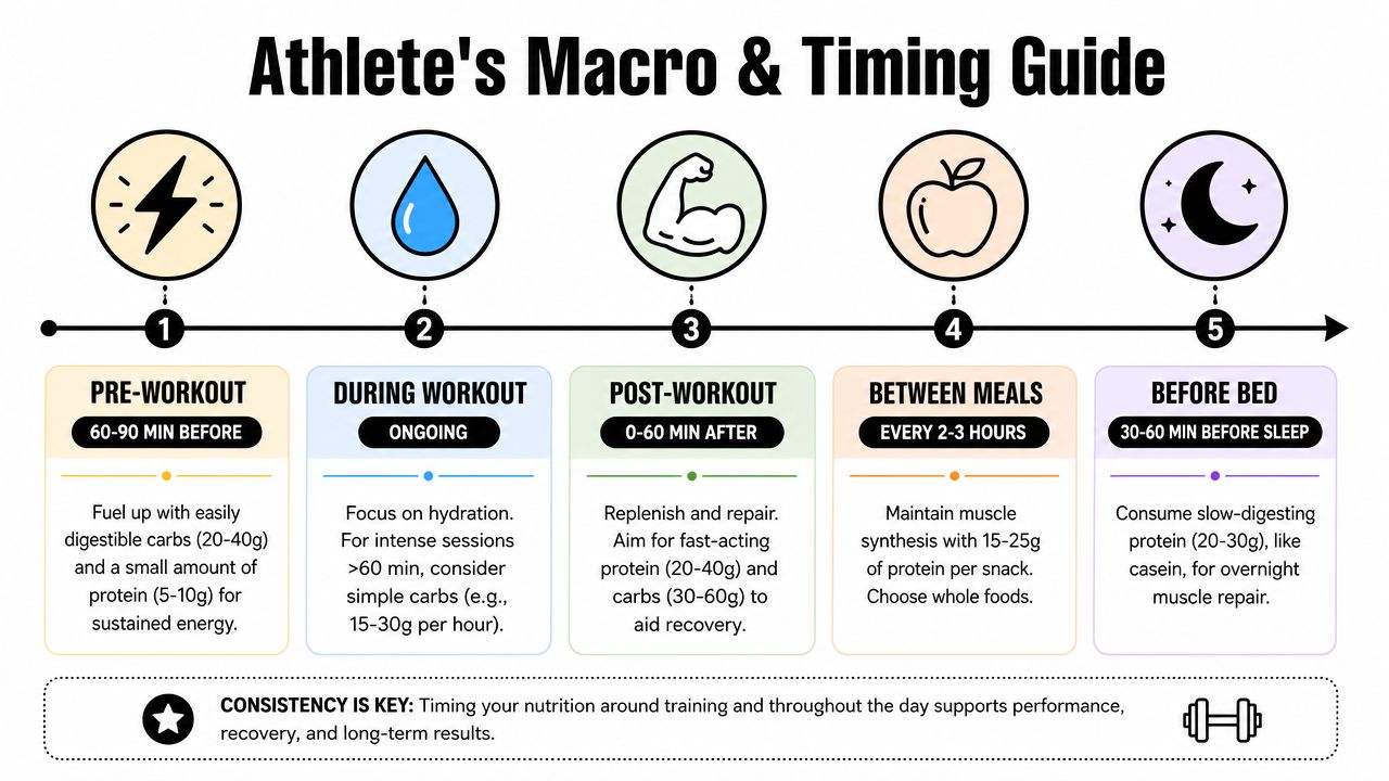 An infographic titled Athlete's Macro and Timing Guide showing nutrition tips from pre-workout to before bed.