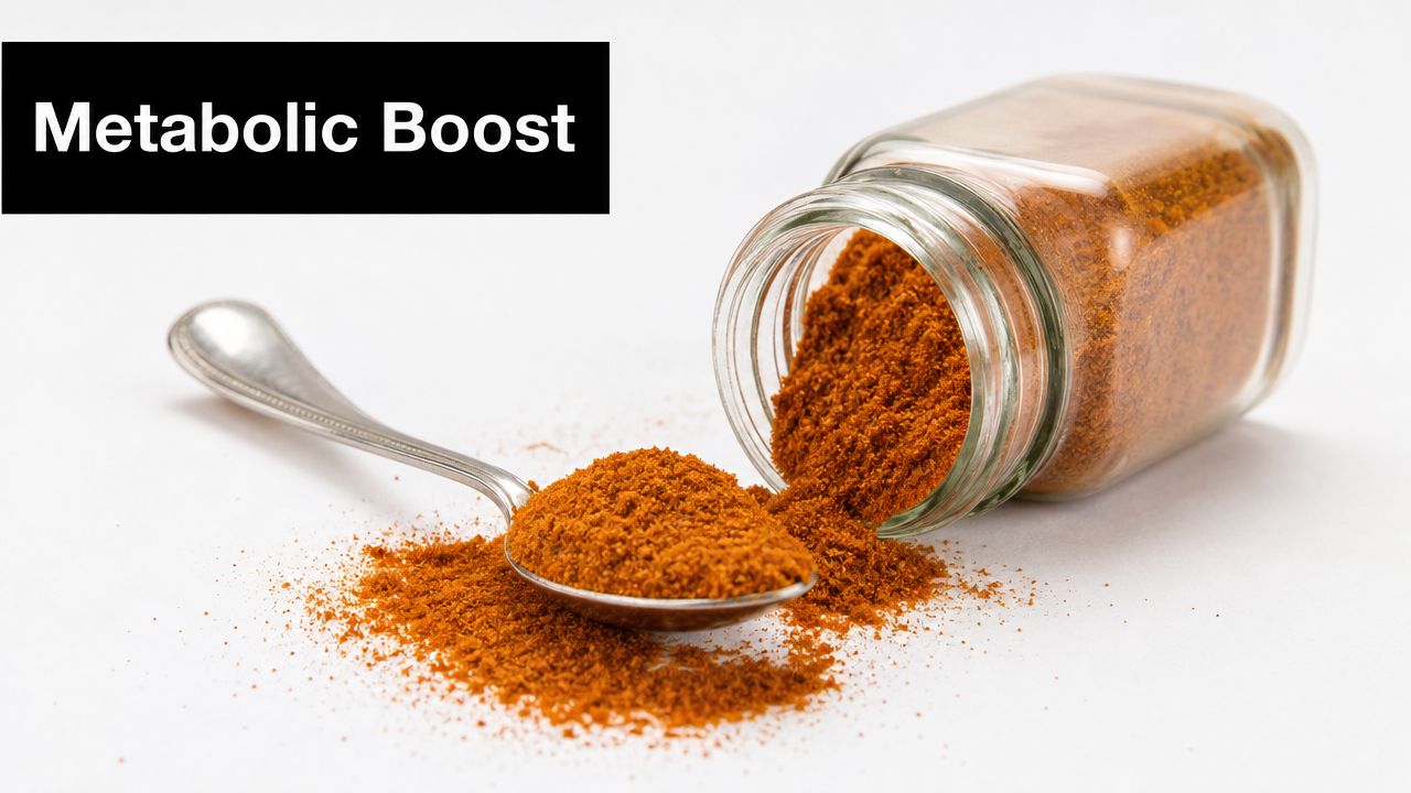 A glass jar tipped over with spilled orange powder next to a spoon filled with spices.