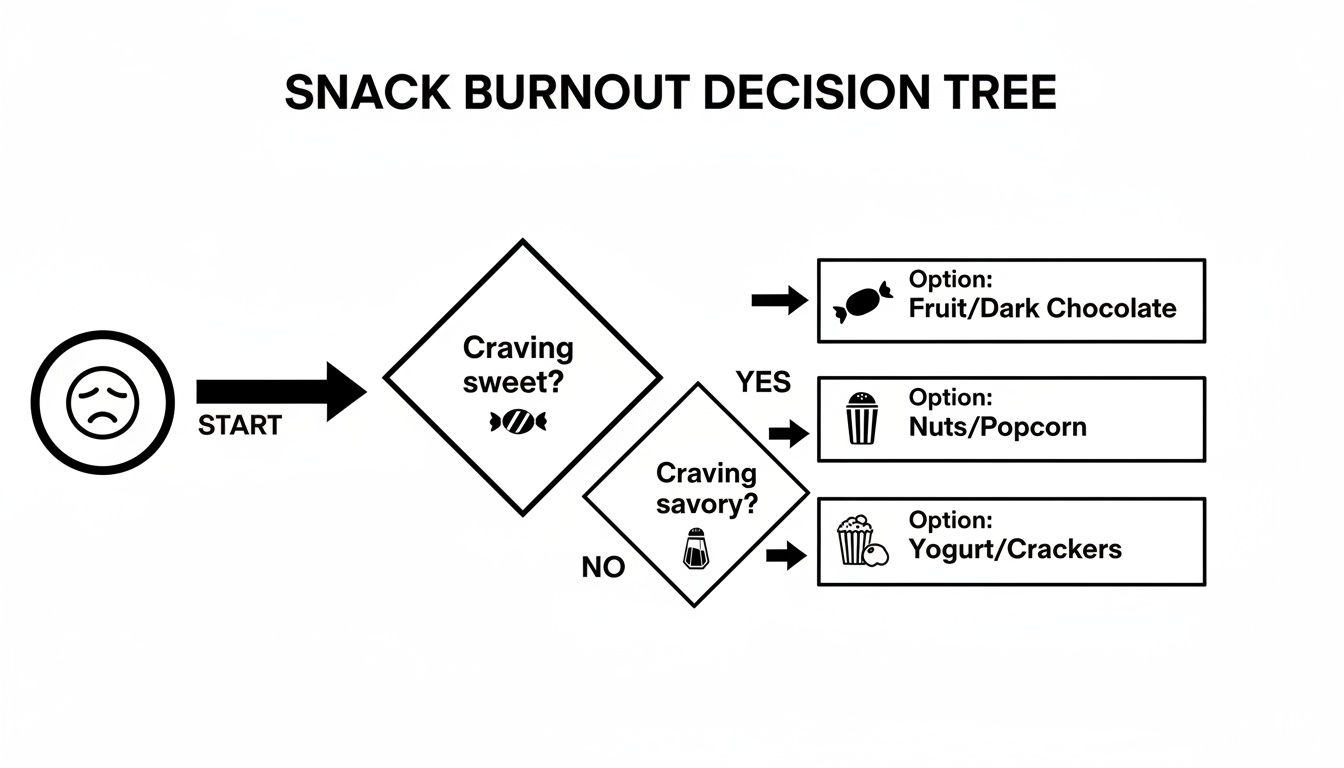A flowchart titled 'SNACK BURNOUT DECISION TREE' offering snack options based on sweet or savory cravings.