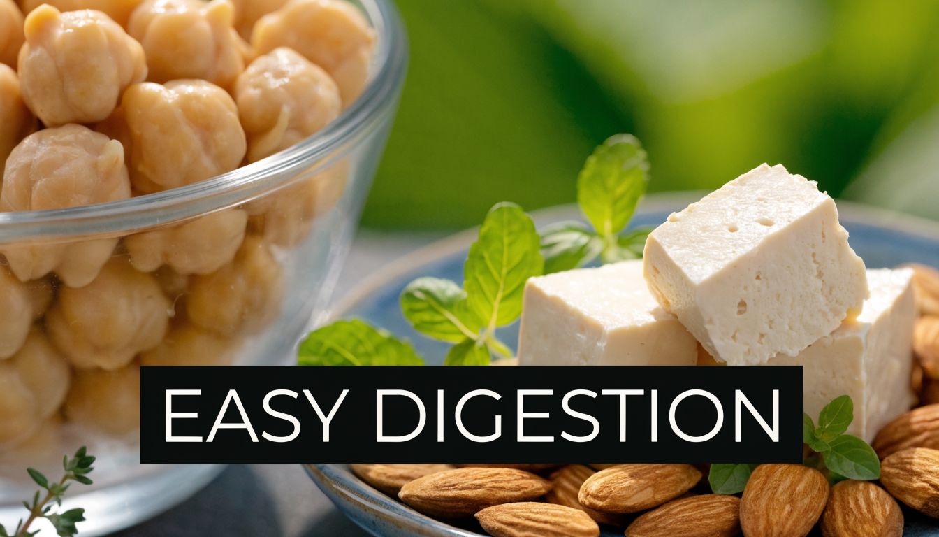 A glass bowl of chickpeas next to a plate with tofu cubes and almonds on a table.