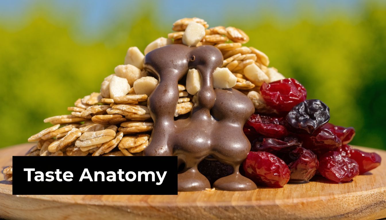 A wooden plate topped with granola, melted dark chocolate, and dried cranberries labeled Taste Anatomy.