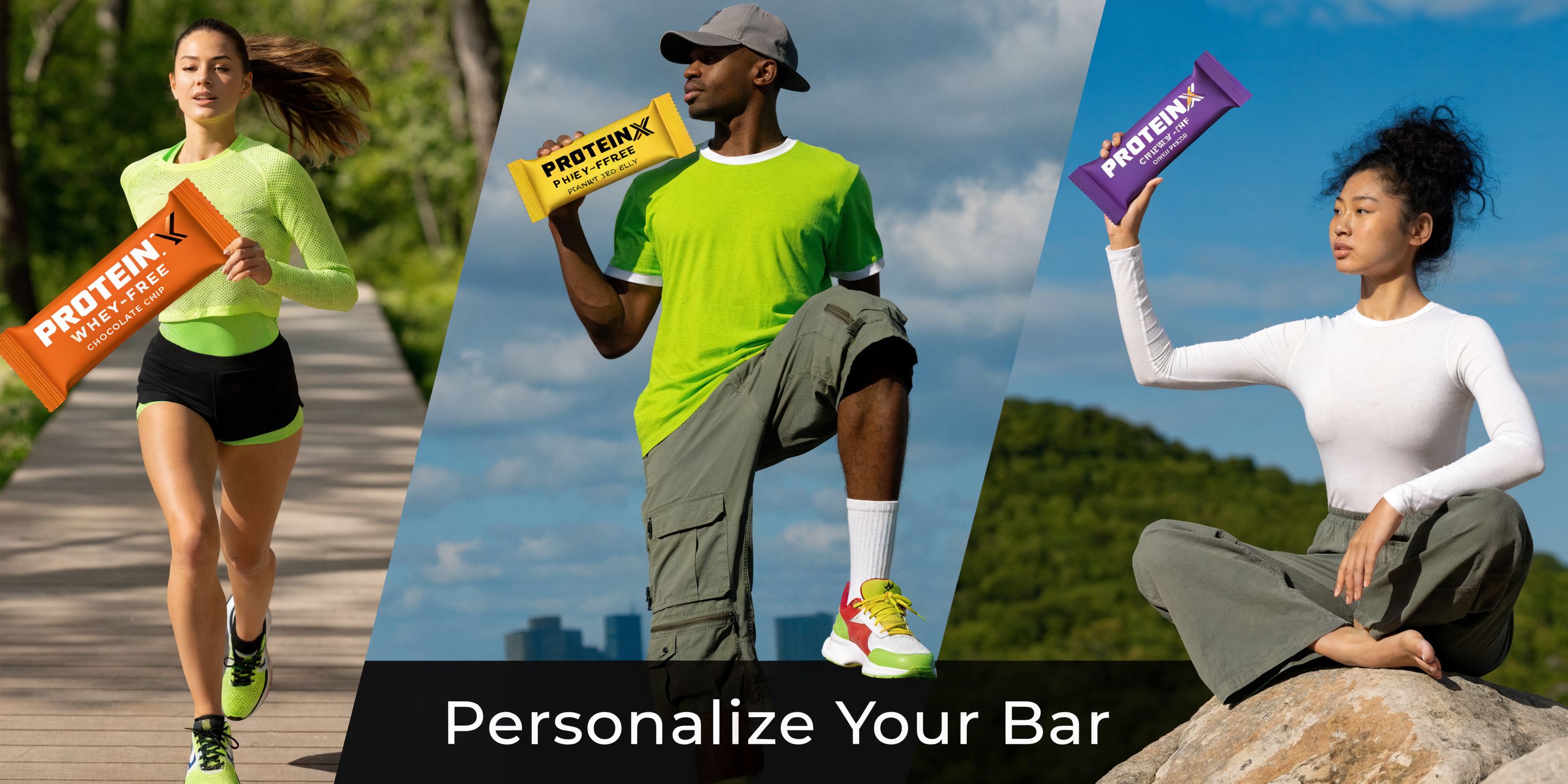 Three people holding different ProteinX bars while engaging in outdoor activities like running, exercising, and meditating.