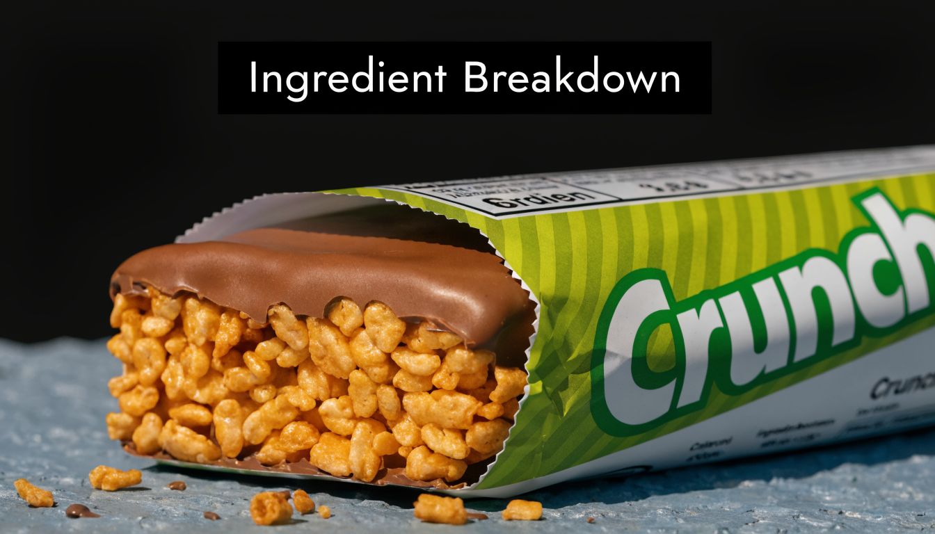 A close-up of a chocolate Crunch candy bar partially unwrapped, sitting on a textured surface.