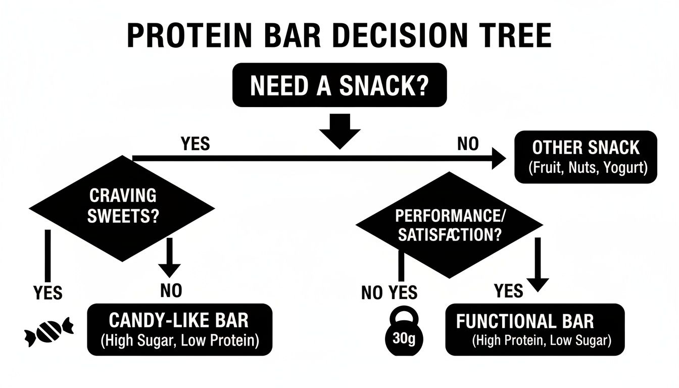 Flowchart for deciding whether to eat a candy-like bar, functional protein bar, or other snacks.