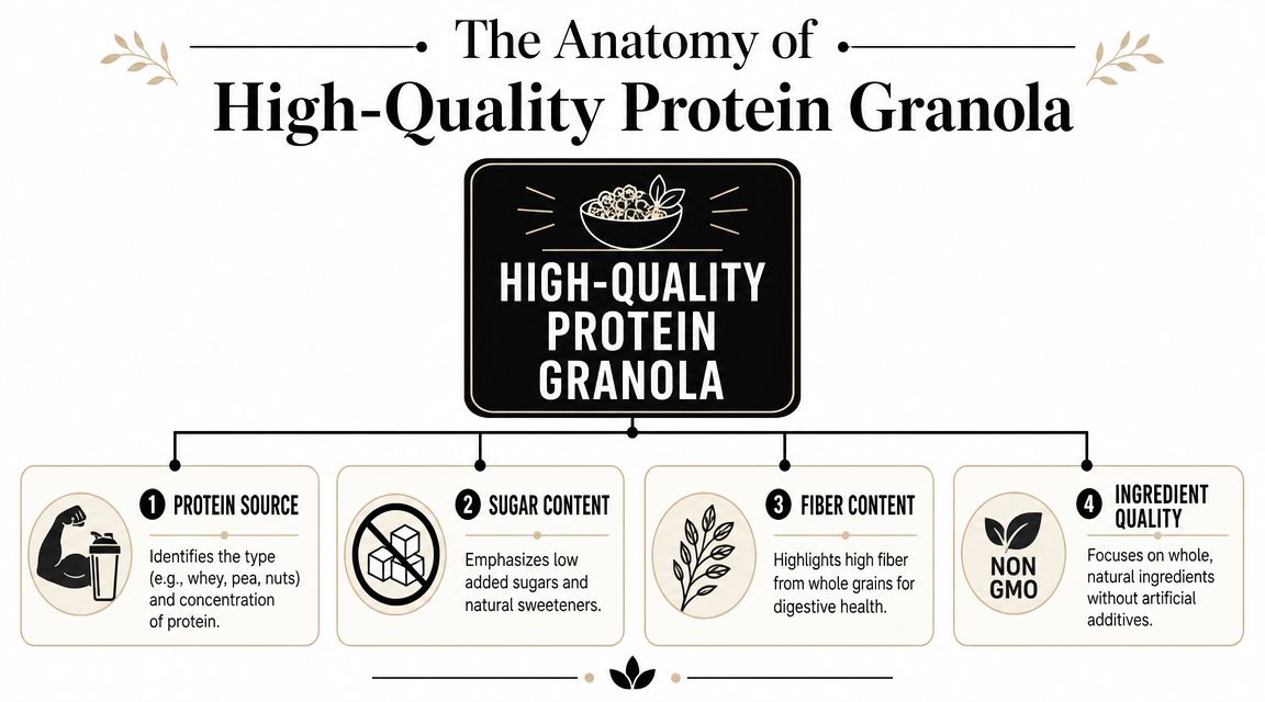 An infographic detailing the four key components of high-quality protein granola: protein source, sugar, fiber, and ingredients.
