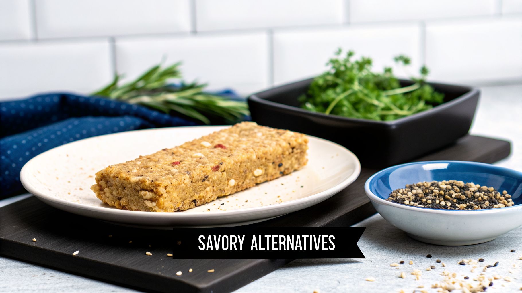 Savory meal replacement bar on a white plate with herbs, seeds, and rosemary.