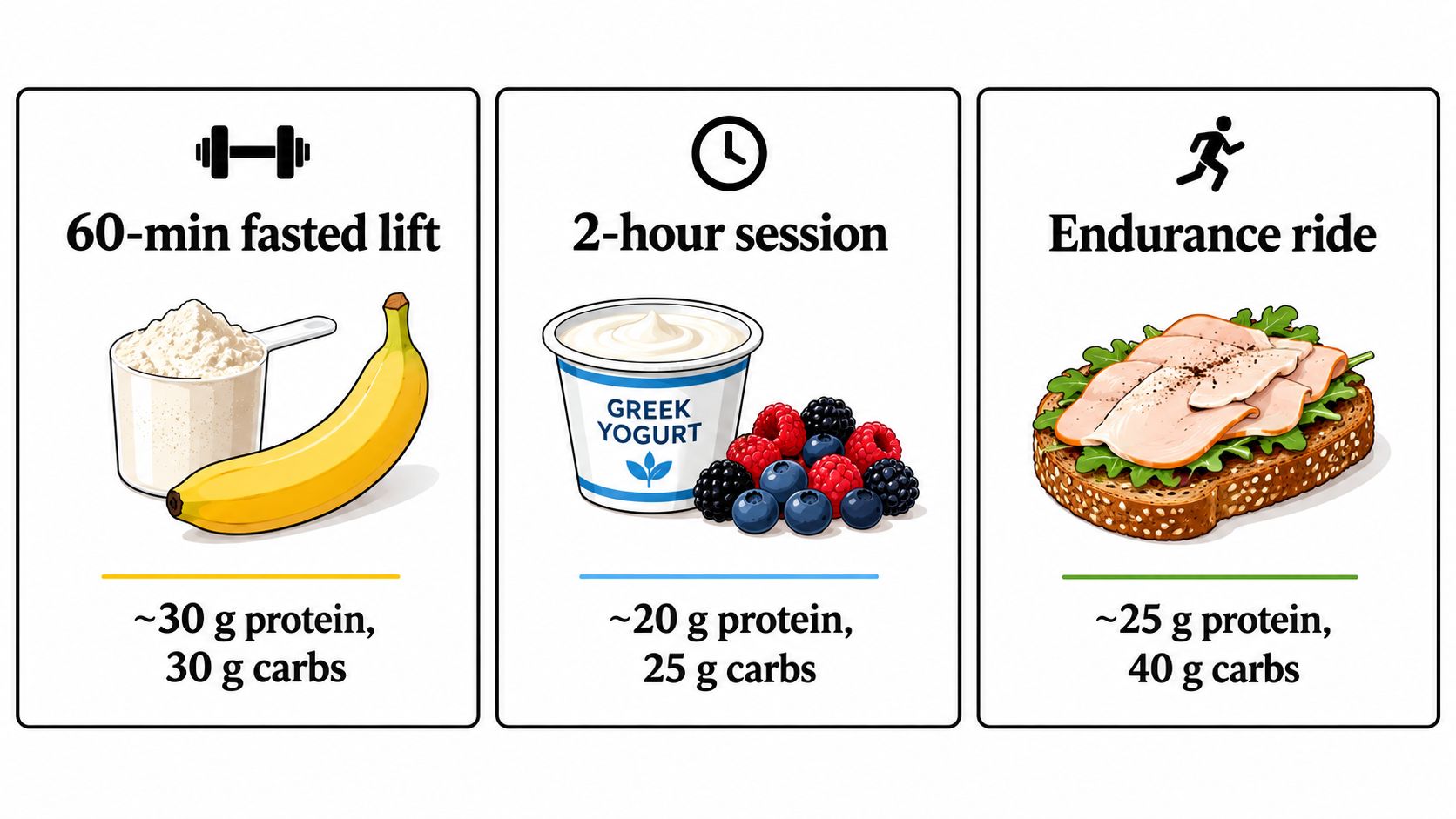 An infographic displaying three nutritional meal options consisting of proteins and carbohydrates for different workout types.