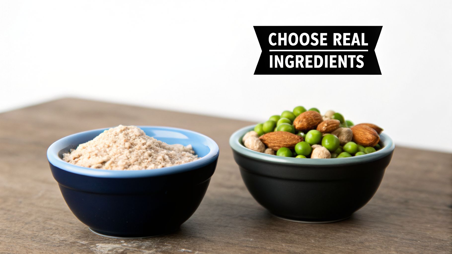 Two bowls, one with powder, one with fresh peas, chickpeas, and almonds, promoting real ingredients.