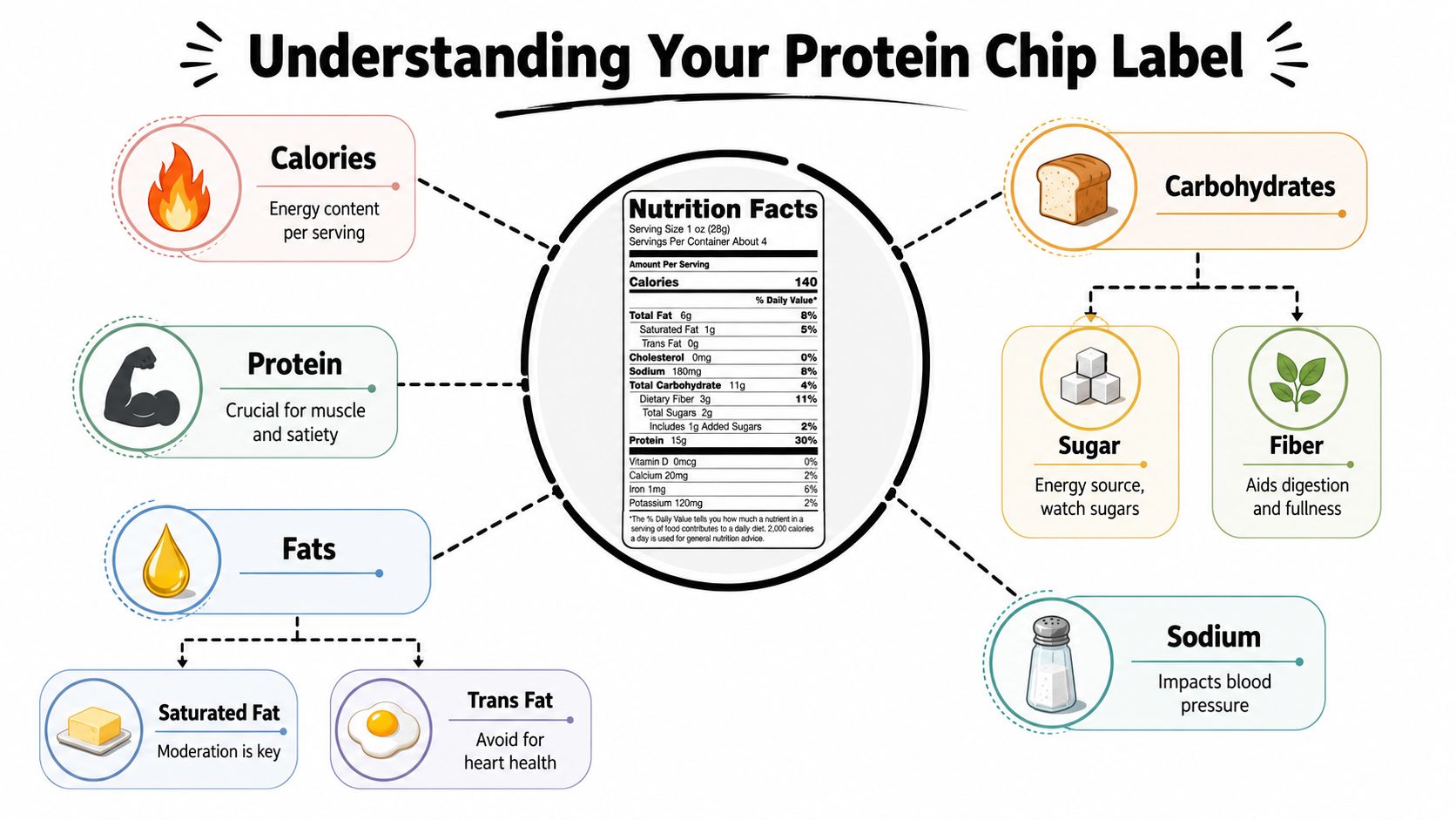 An infographic titled Understanding Your Protein Chip Label showing a breakdown of nutritional components and facts.