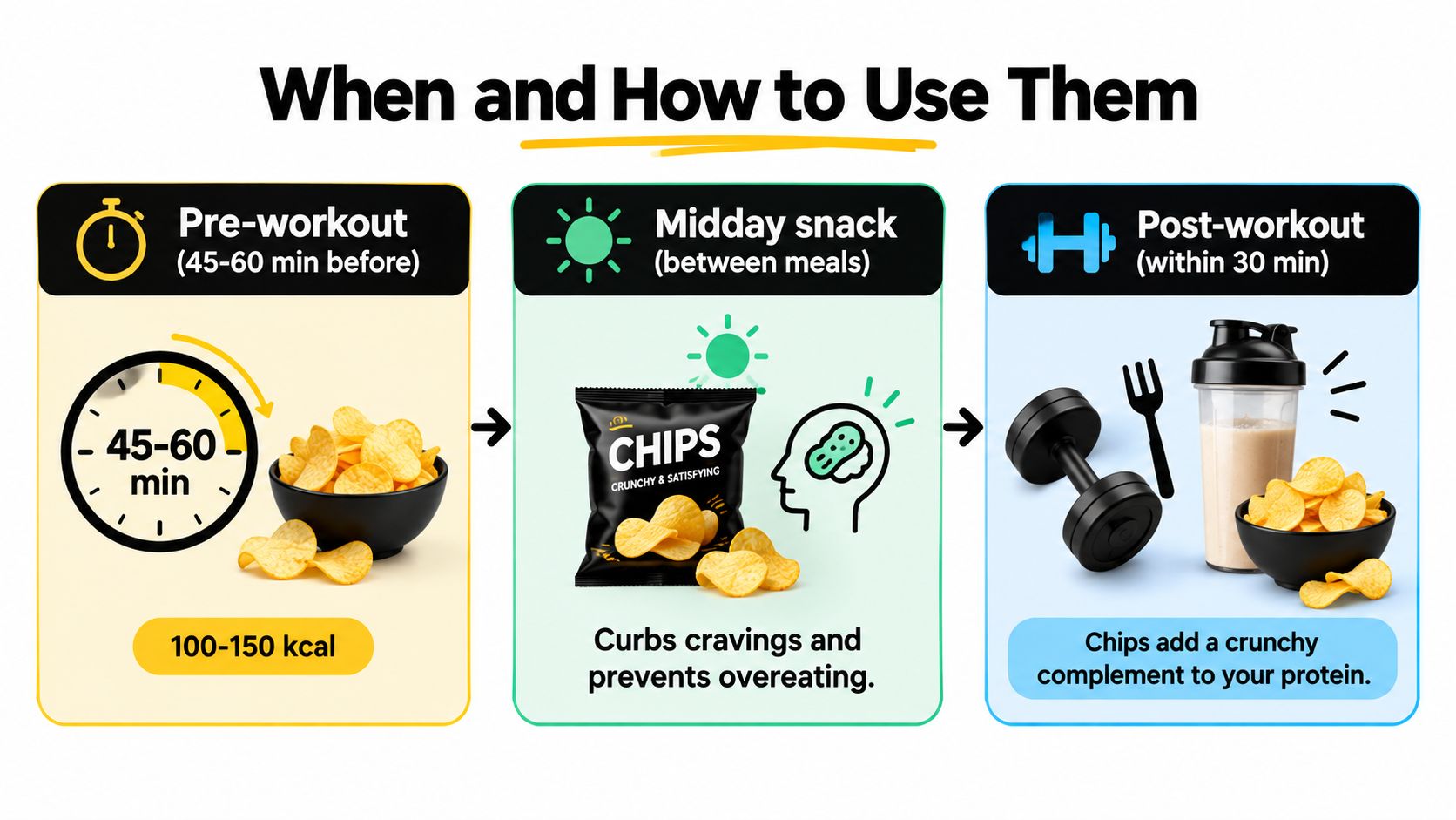 An infographic showing the optimal times to eat protein chips: pre-workout, as a midday snack, or post-workout.