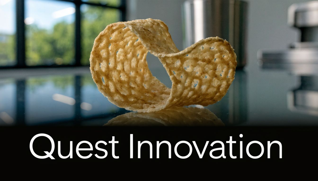 A single Quest protein chip shaped like a saddle on a reflective countertop with blurry background.