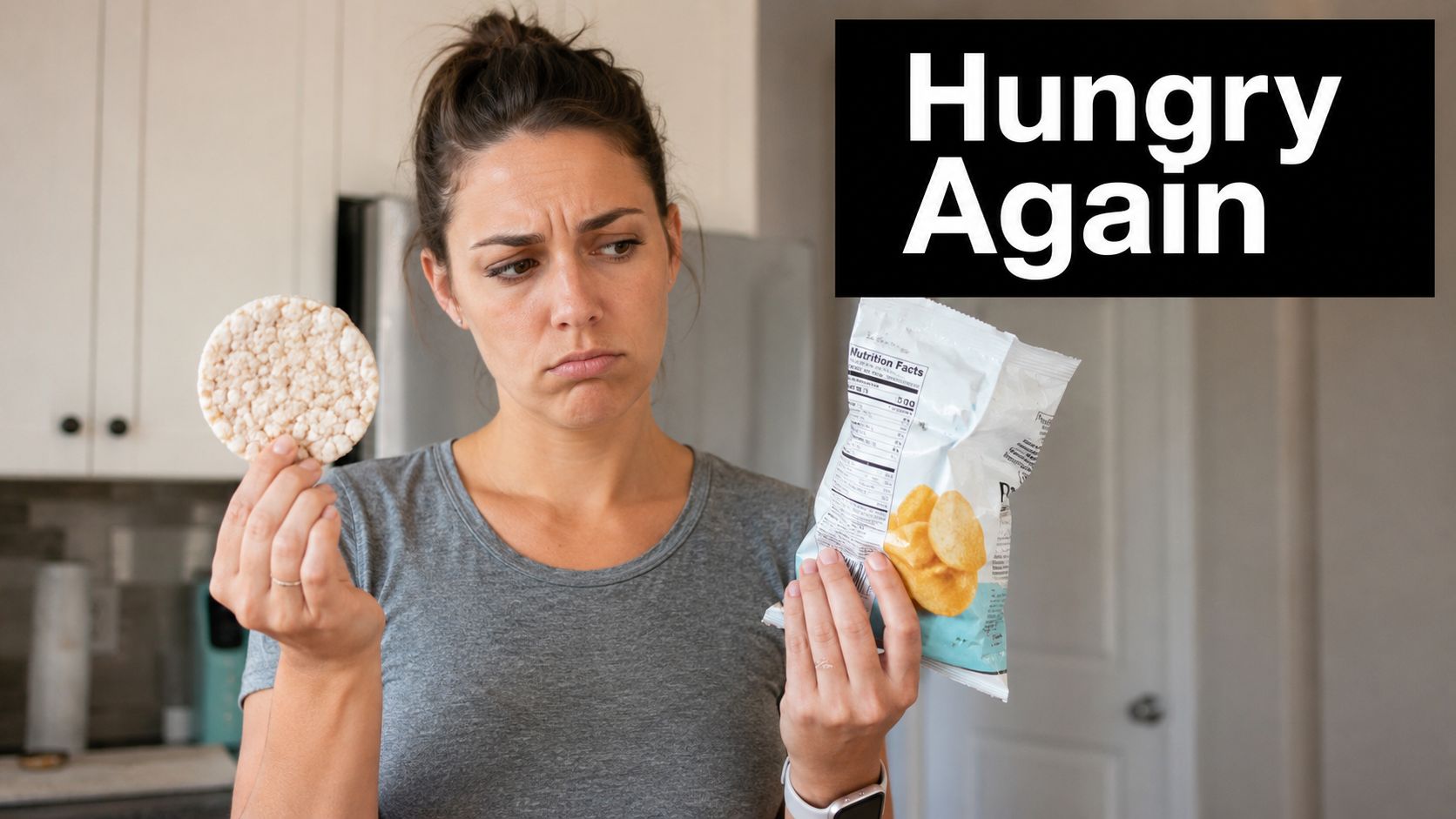 A woman looking skeptically at a rice cake in one hand and a bag of chips.