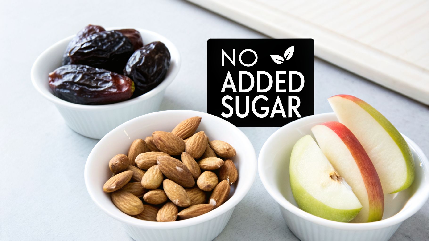 Three bowls of natural snacks: dates, almonds, and apple slices, with a 'No Added Sugar' label.