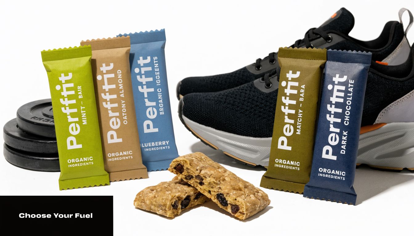 Several Perfffit organic energy bars displayed next to a black athletic shoe and a weight plate.