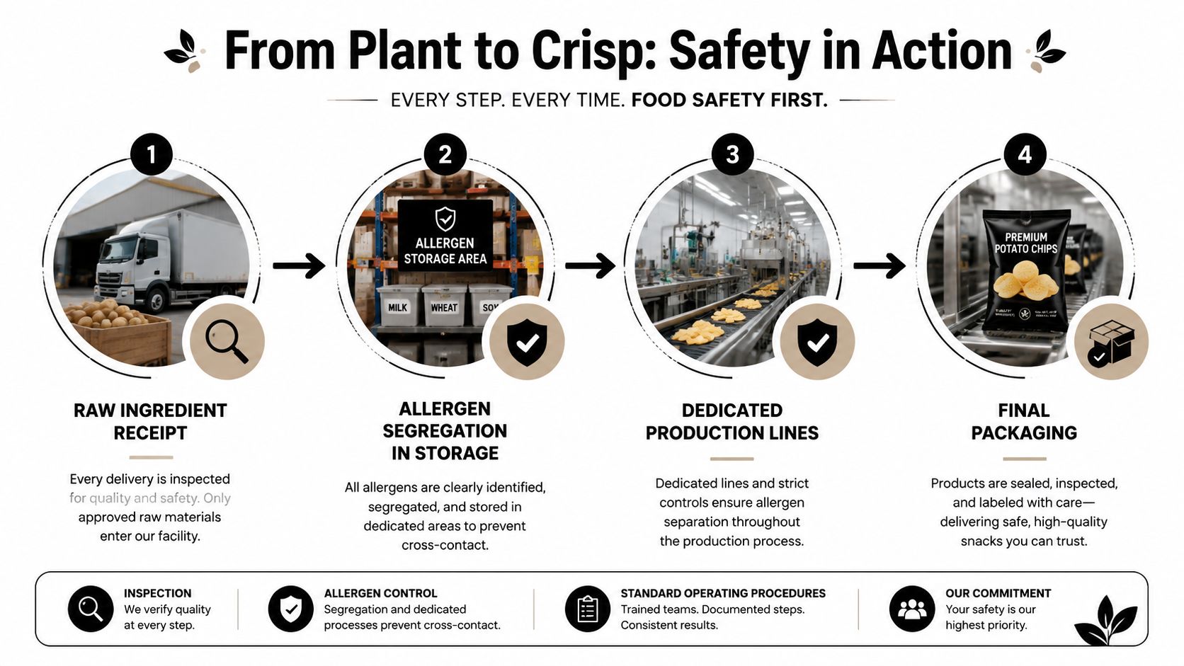 A diagram illustrating the four-step safety process for manufacturing premium potato chips, ensuring quality and allergen control.