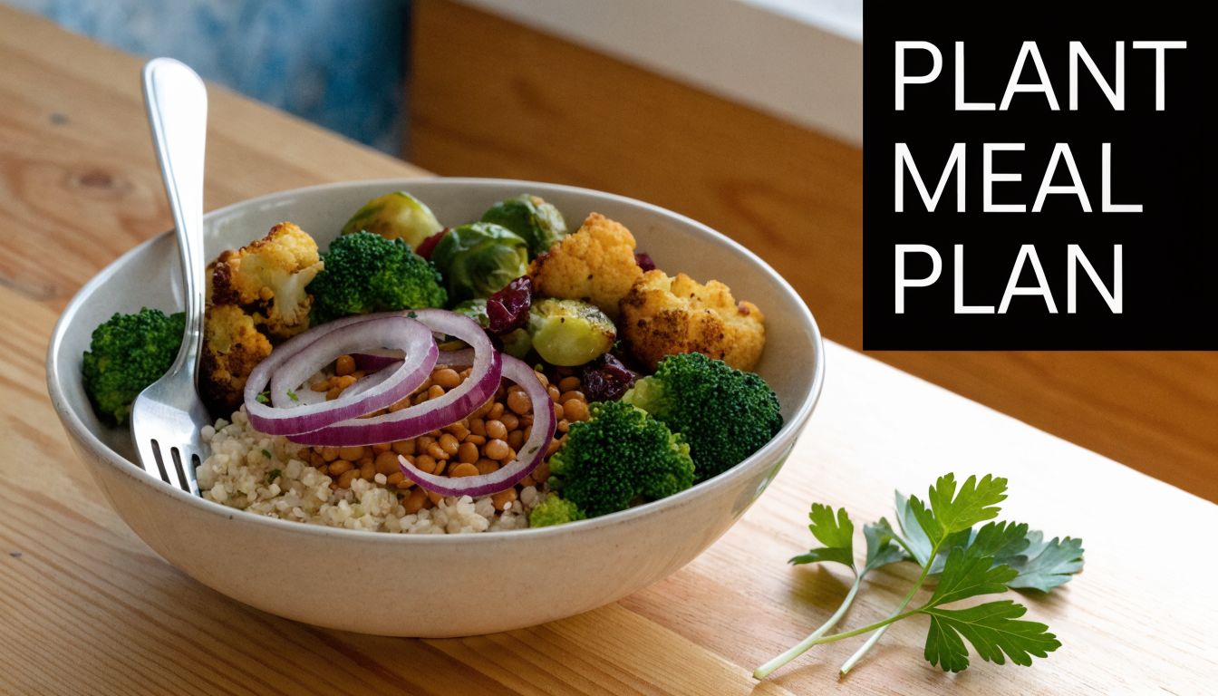A healthy bowl of protein rich plant based food featuring quinoa, lentils, broccoli, and roasted cauliflower.