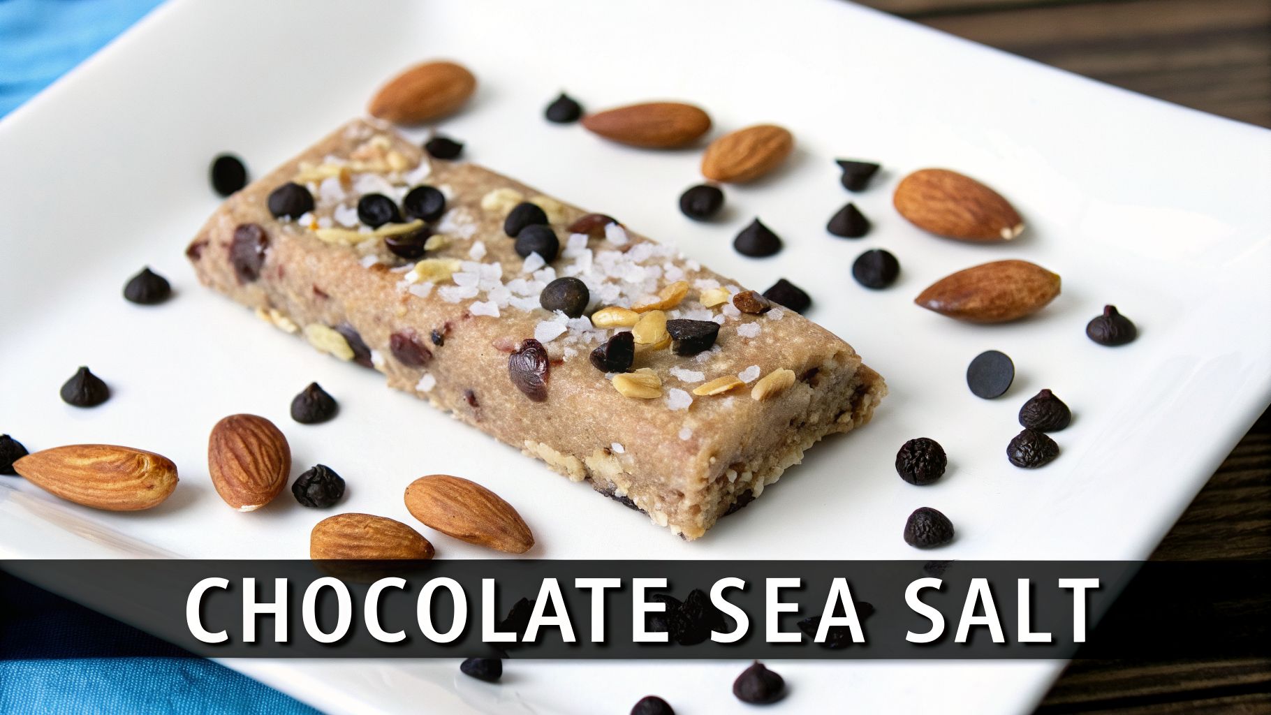 A chocolate sea salt bar on a white plate, garnished with almonds, chocolate chips, and sea salt flakes.