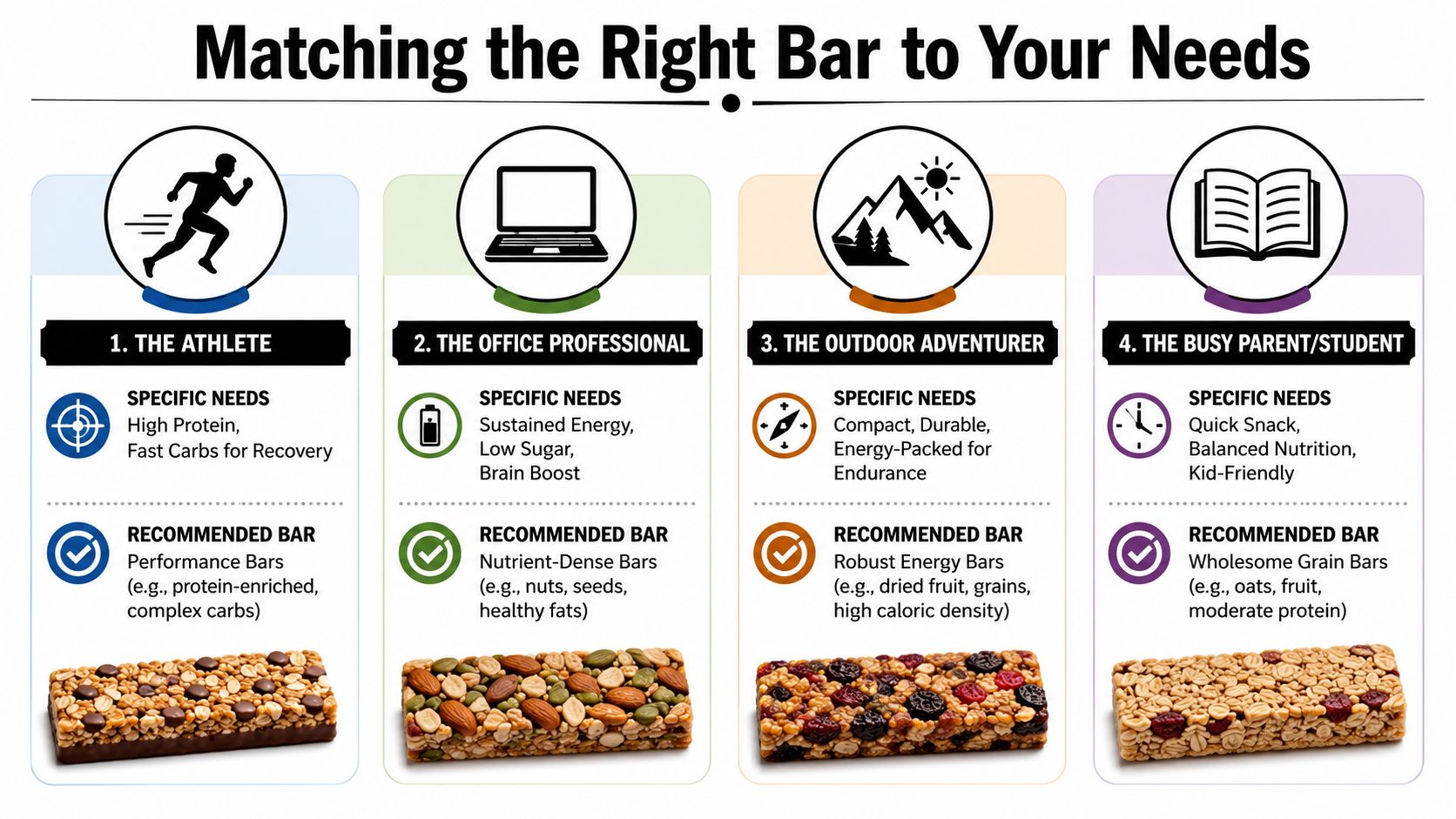 An infographic showing four types of granola bars tailored to different lifestyle needs including athletes and students.
