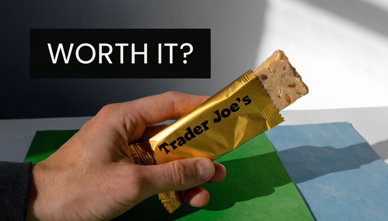 A hand holding a partially unwrapped Trader Joe's snack bar against a green and blue background.