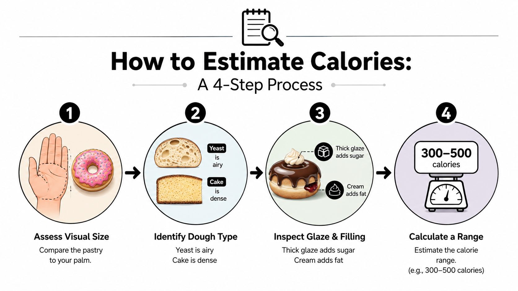 A four-step infographic showing how to estimate the calories in a pastry by comparing its size and ingredients.