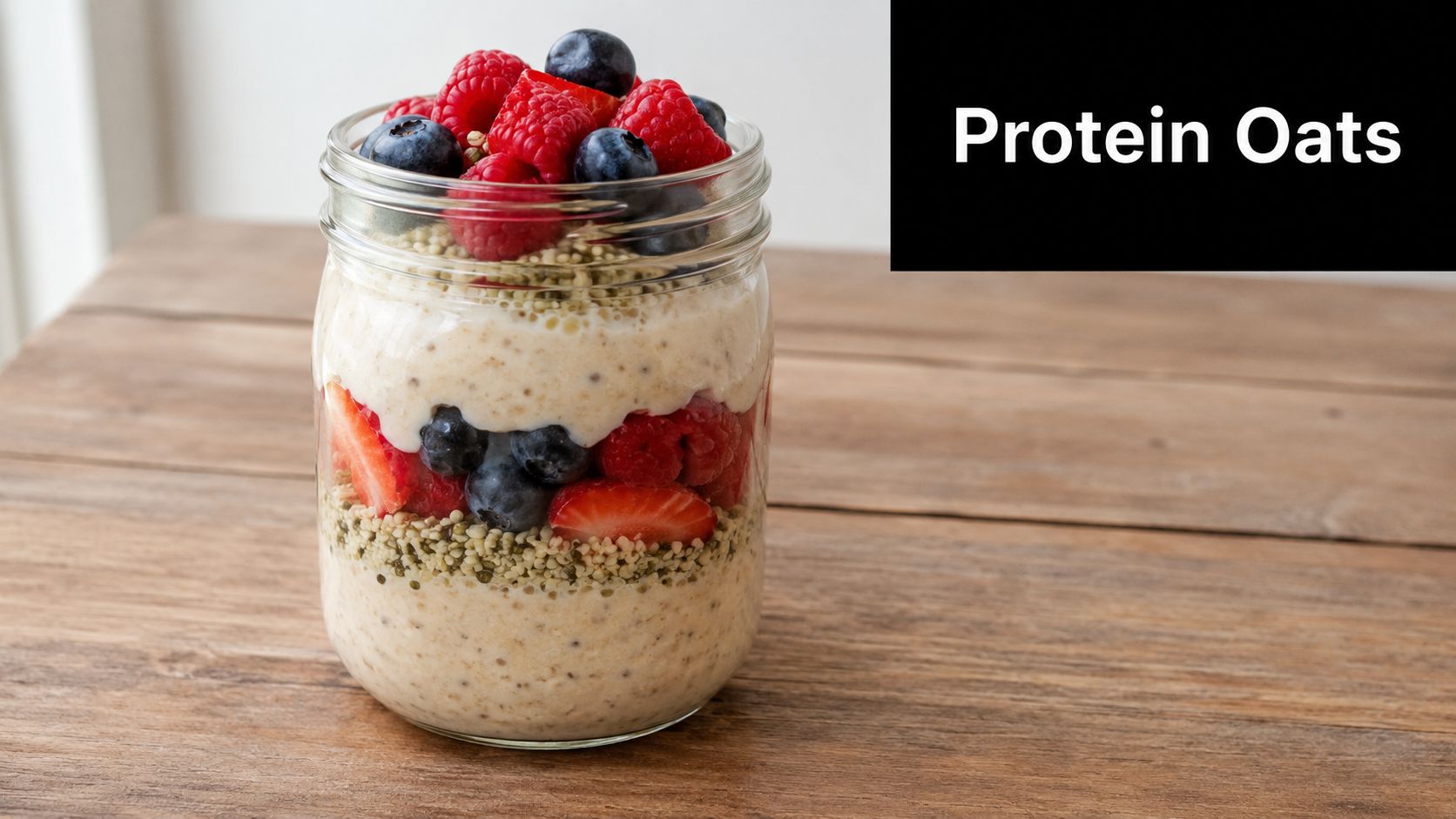 A glass jar filled with layered plant-based protein overnight oats topped with fresh berries and seeds.