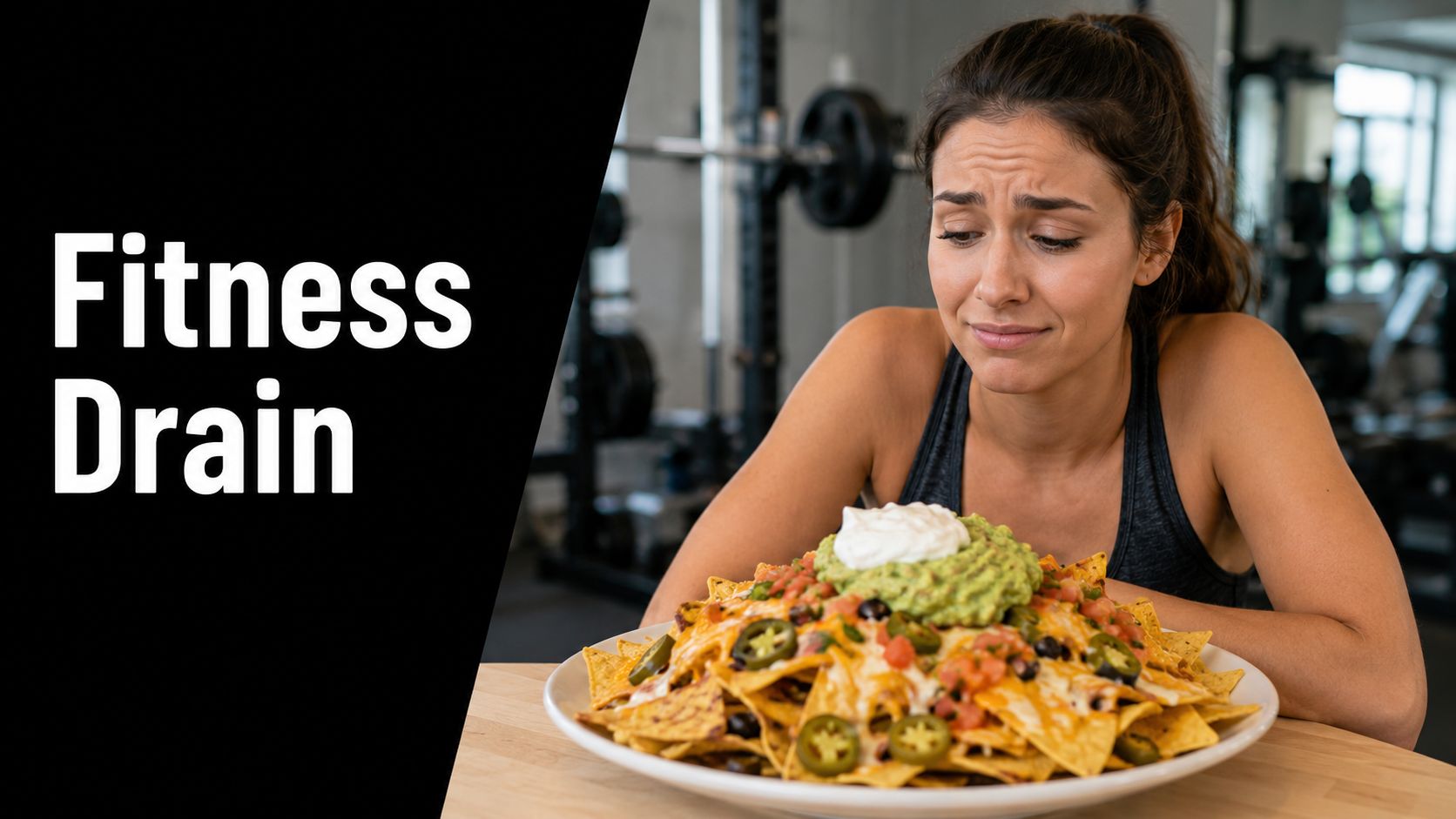 A woman in a gym looking with disapproval at a large plate of cheesy nachos and guacamole.