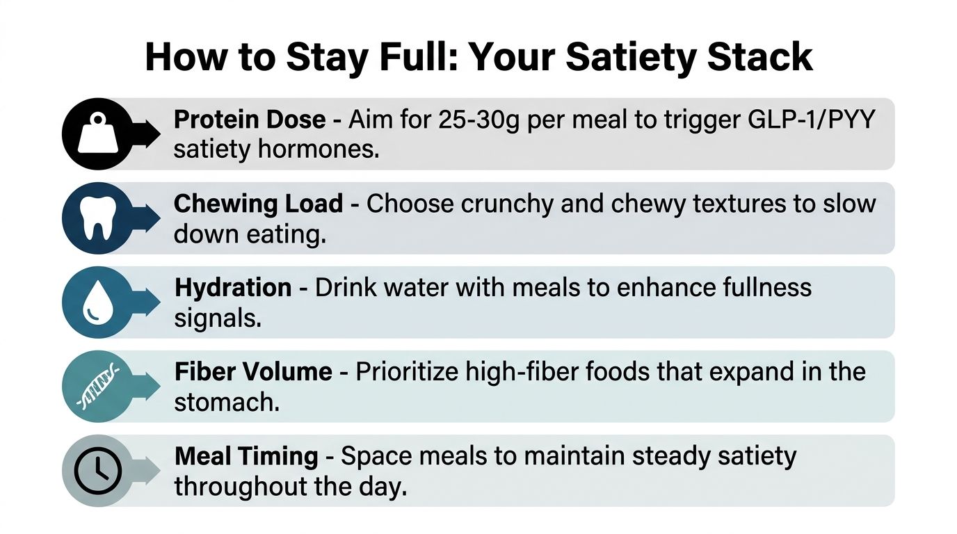 A list of five tips to increase satiety and help you stay full throughout the day.