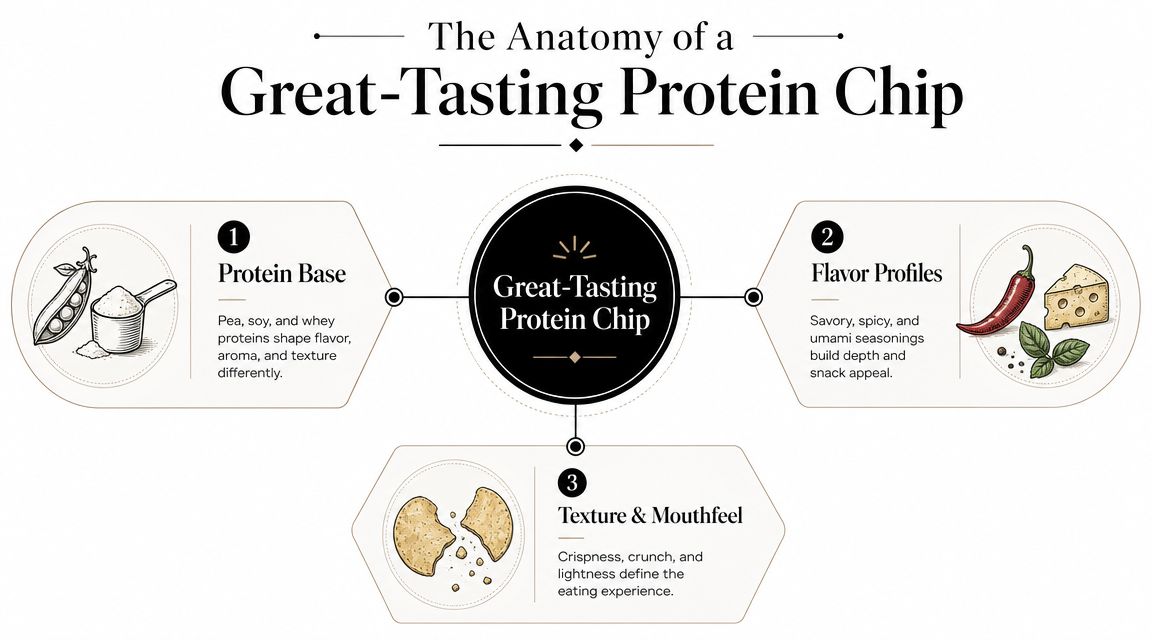 An infographic titled The Anatomy of a Great-Tasting Protein Chip showing three components: protein base, flavor, and texture.