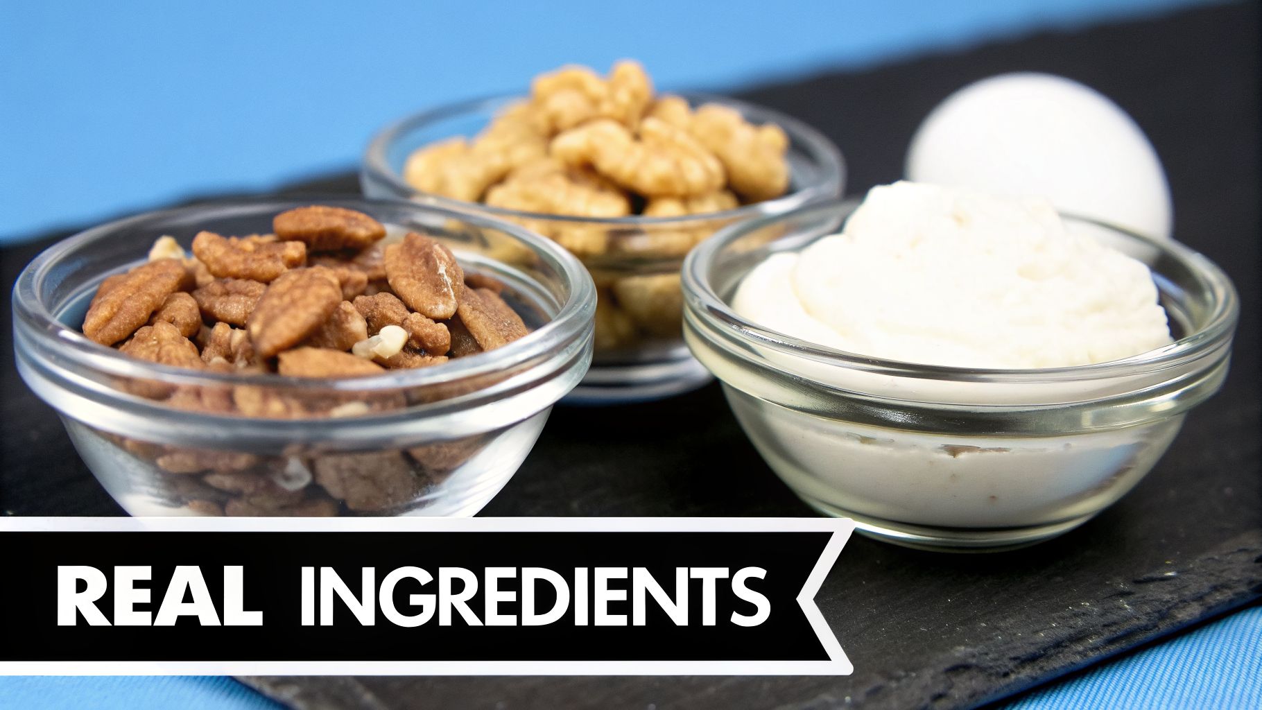 Glass bowls with pecans, walnuts, creamy white topping, and an egg, on a slate board, featuring 'REAL INGREDIENTS'.