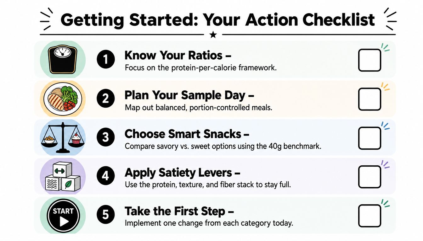 A five-step Getting Started action checklist for a nutrition plan focusing on protein and satiety.