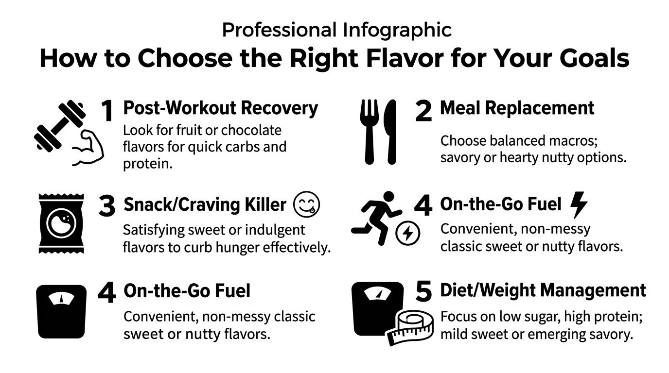 An infographic titled How to Choose the Right Flavor for Your Goals, featuring numbered steps for protein selection.