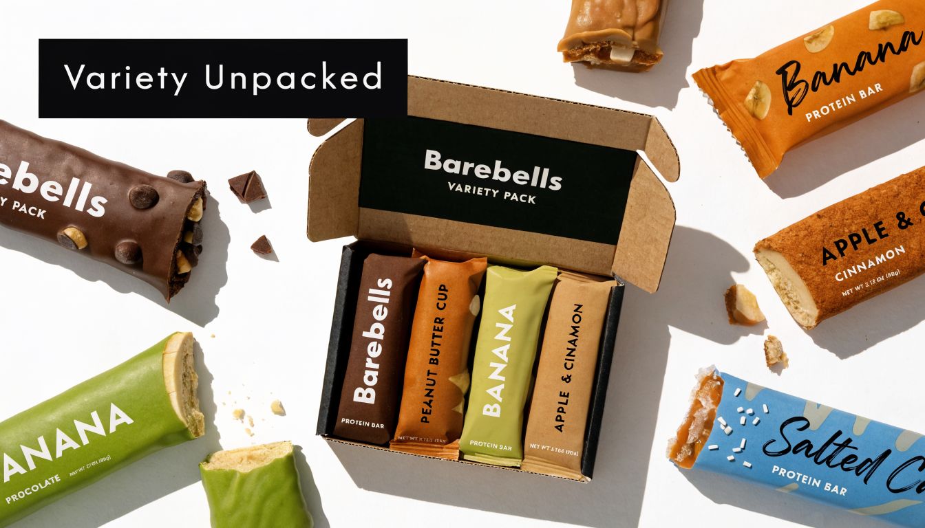 An open Barebells protein bar variety pack displayed alongside assorted loose protein bars on a white surface.