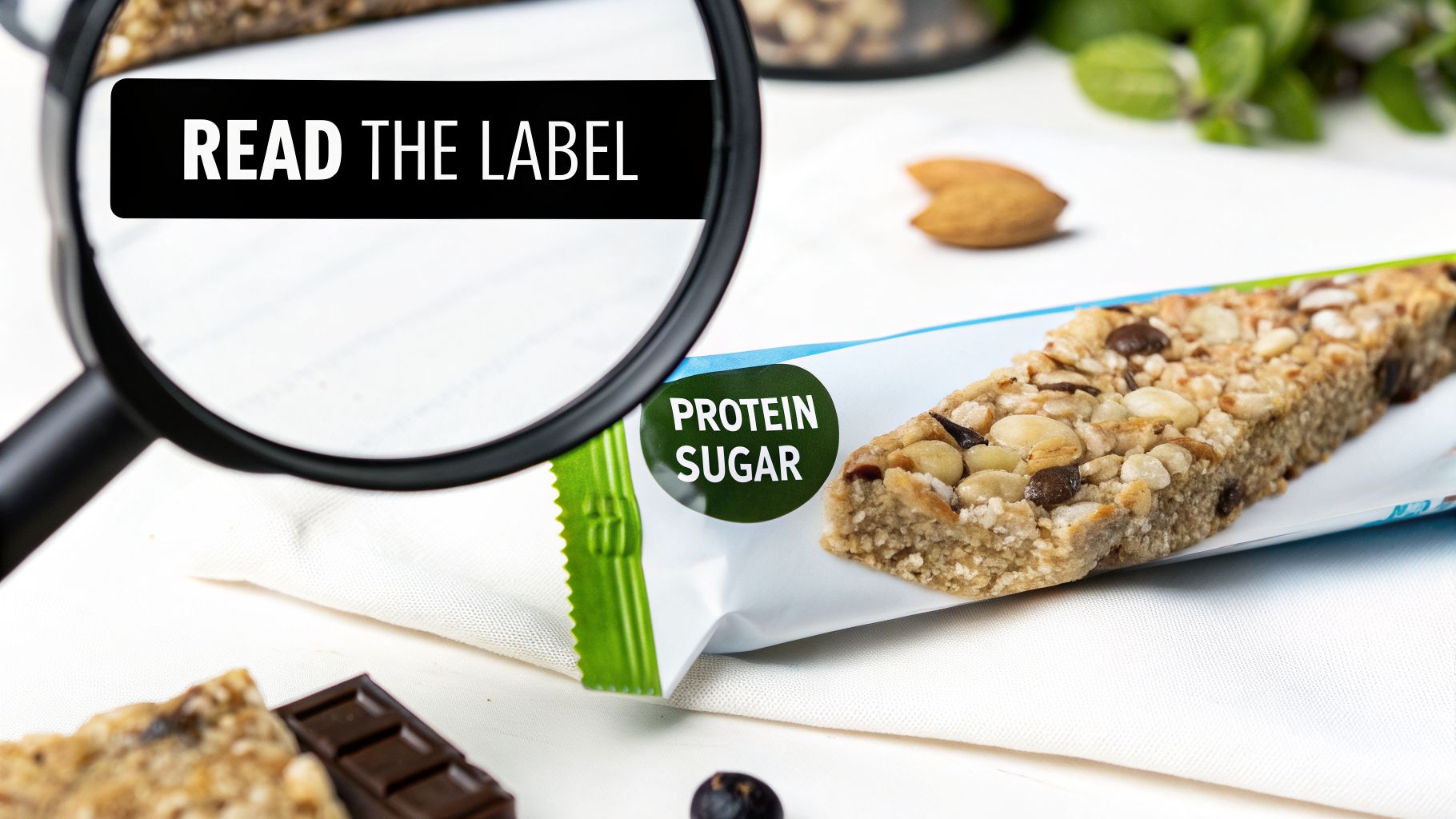 A magnifying glass highlights "READ THE LABEL" on a nutrition label, next to a protein bar with "PROTEIN SUGAR" on its packaging.