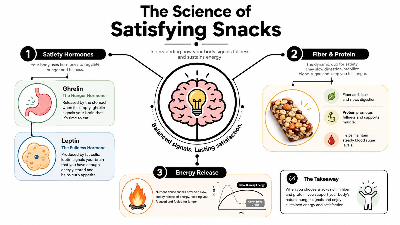 An educational infographic explaining the science of satisfying snacks, hormones, and nutrient-dense energy release.
