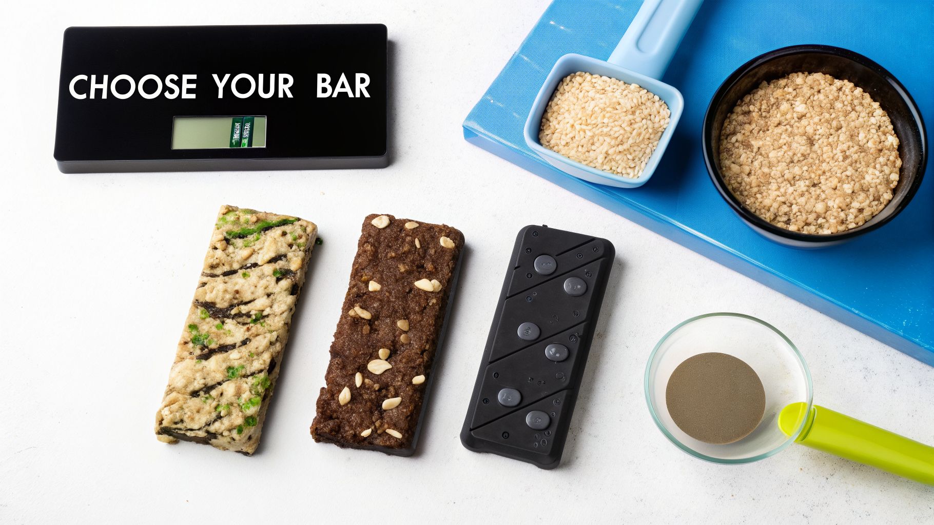 Three diverse meal replacement bars, a scale, and ingredients on a white background.