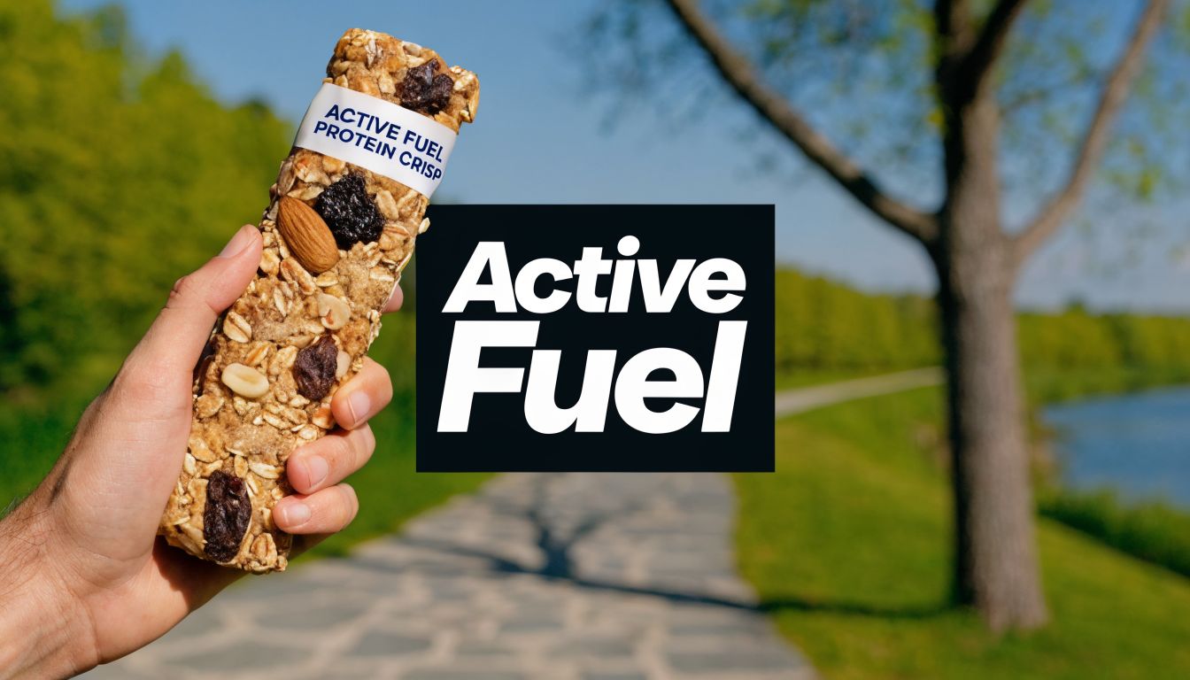A hand holding an Active Fuel protein crisp bar against a scenic outdoor park background.