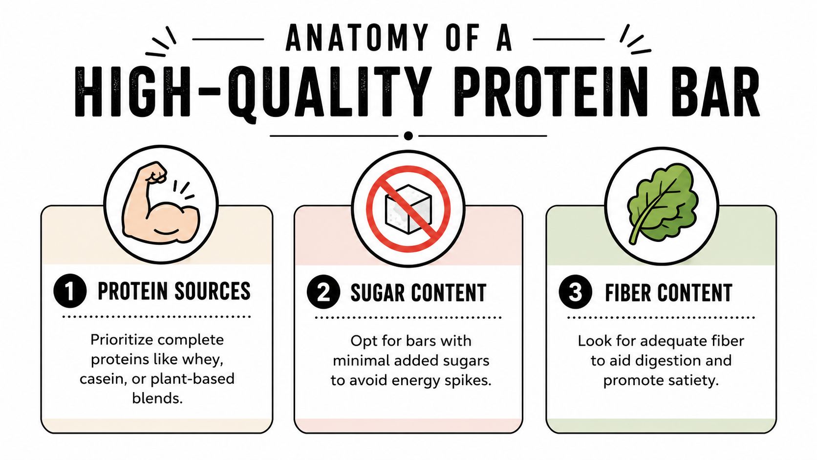 An infographic detailing the three main components of a high-quality protein bar including protein, sugar, and fiber.
