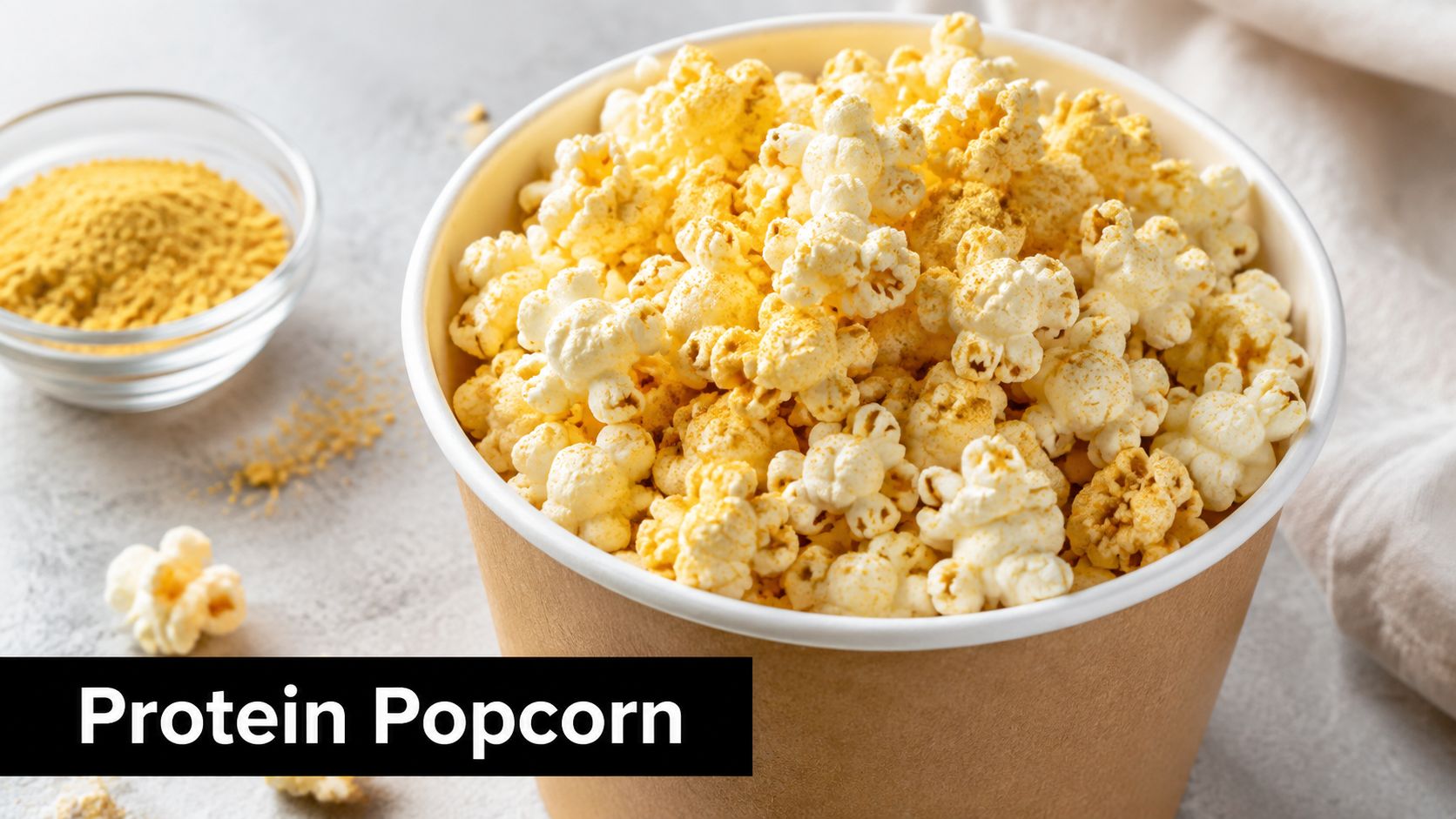 A paper bucket filled with delicious golden protein popcorn alongside a small glass bowl of seasoning.