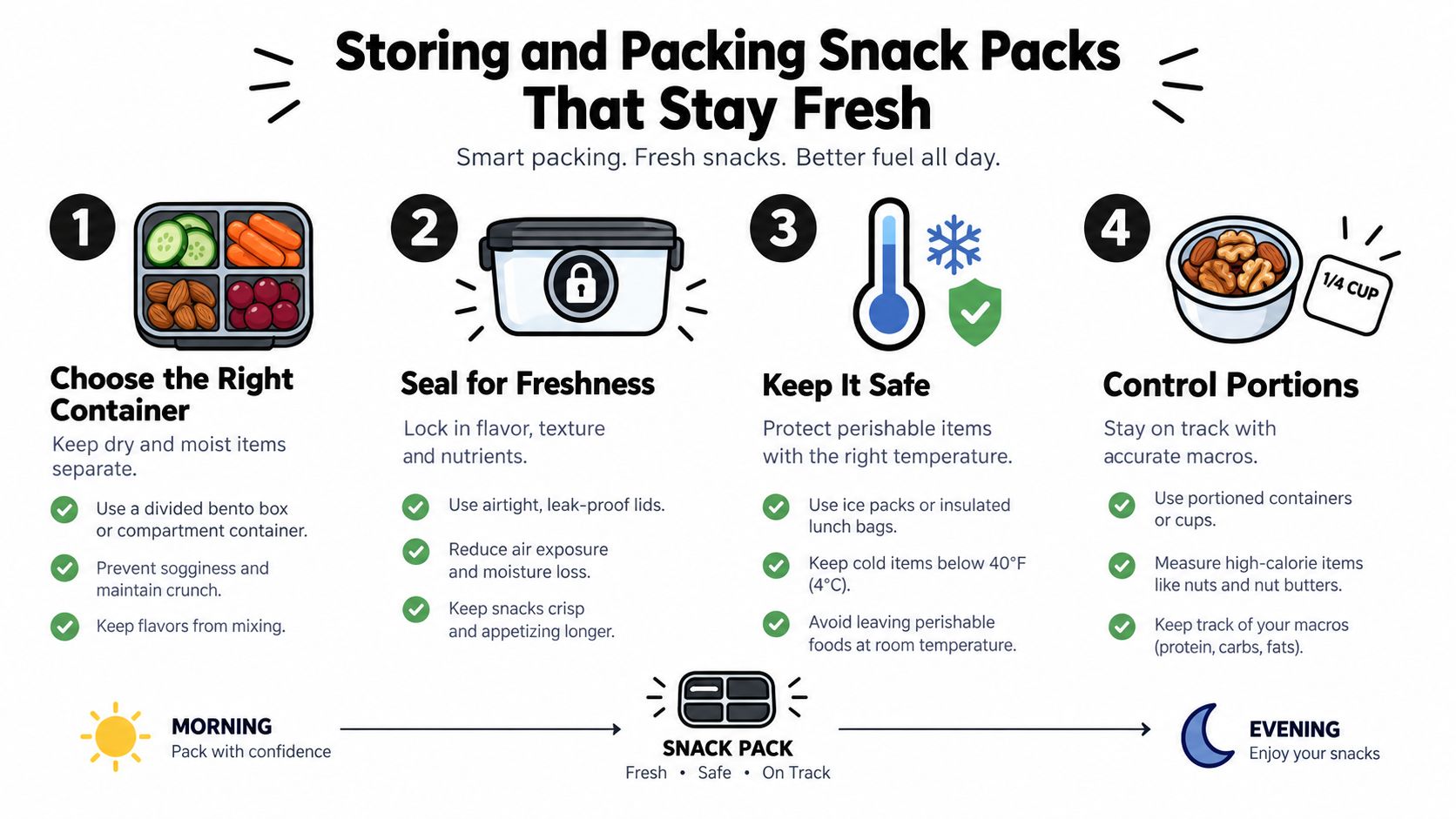 An infographic showing four essential steps for storing and packing healthy snack packs that stay fresh.